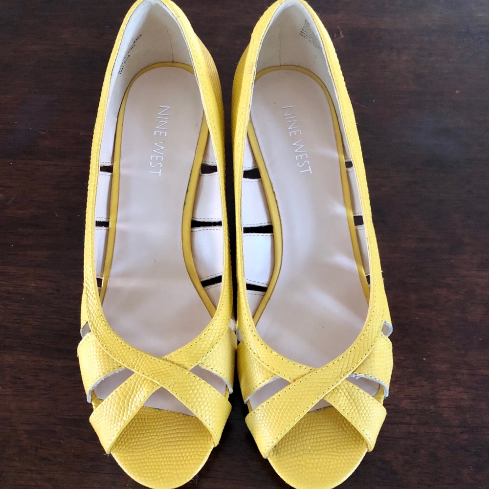 Nine West yellow, cork wedge heels. 6 1/2